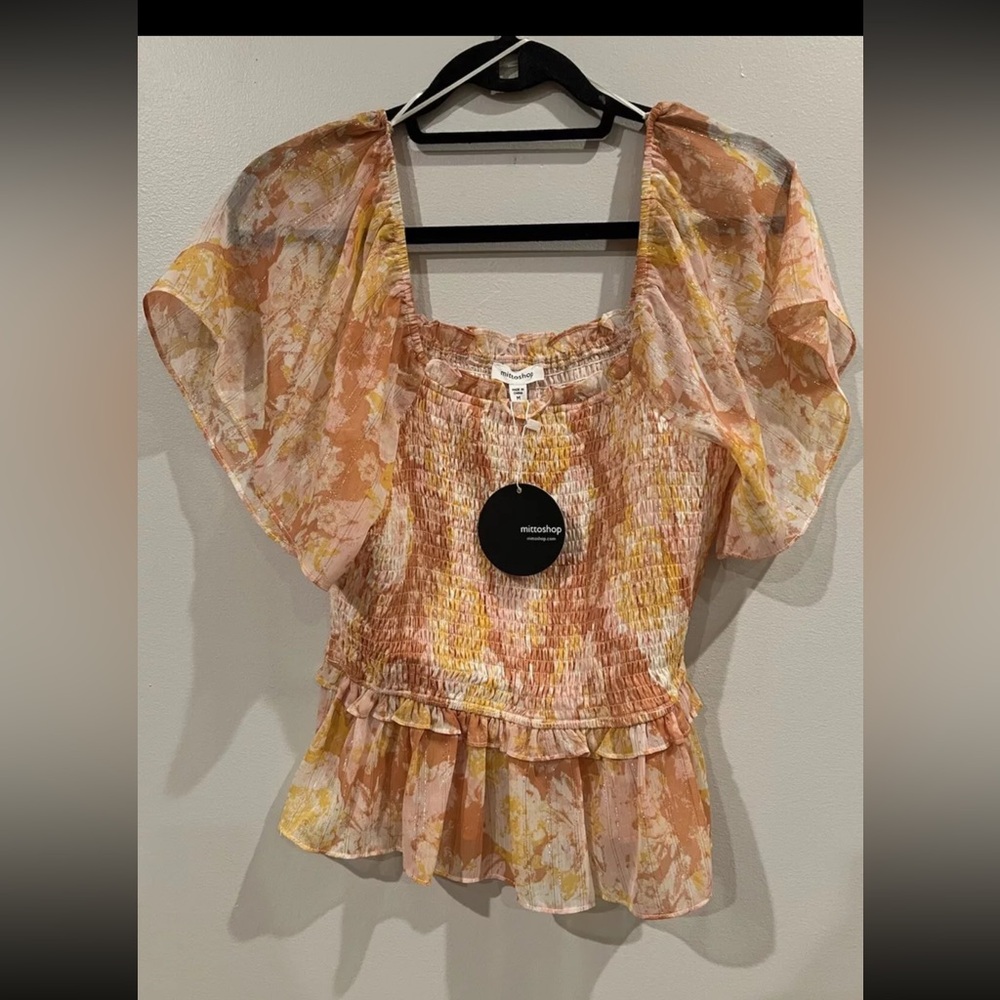 NWT Mittoshop Women's Orange Yellow Top Blouse Balloon Sleeve Medium